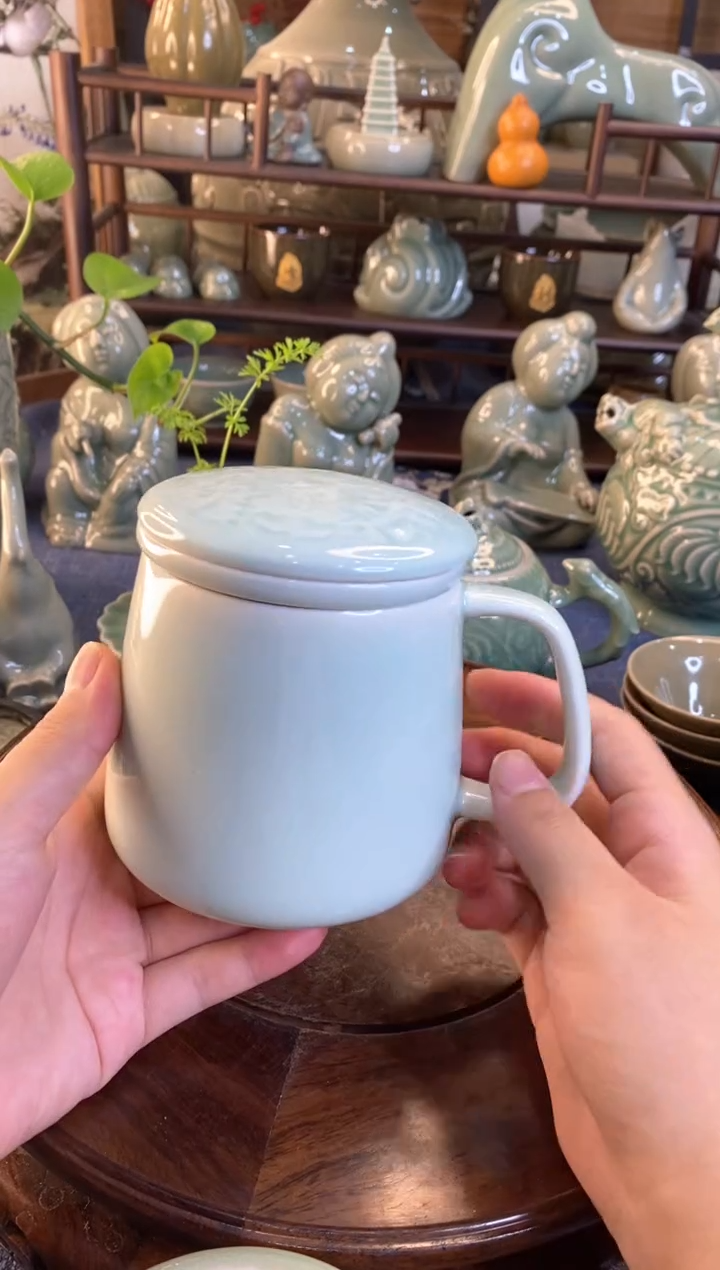 耀州窑 微瑕 天青牡丹素面茶漏杯【b000119】1只