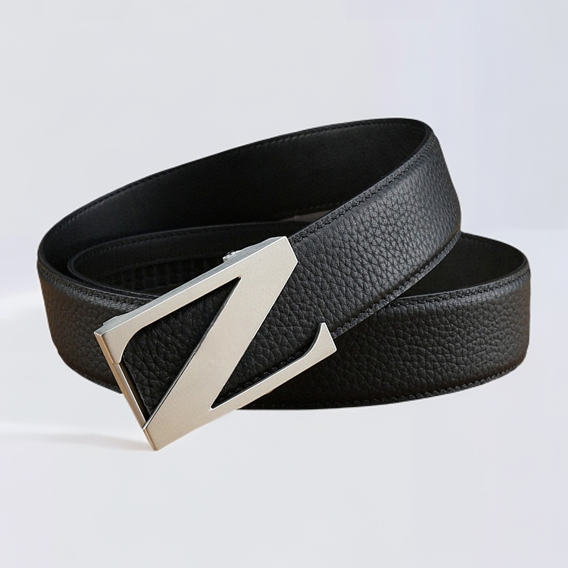 新款 男士真牛皮皮带黑色高端时尚百搭Z字内穿自动扣头青中年腰带