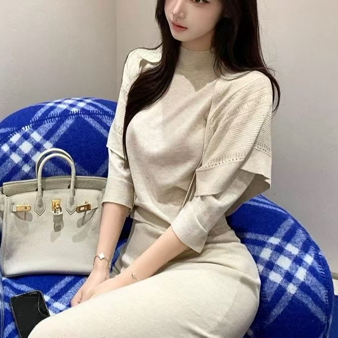  【TONG】软糯毛衣气质半高领打底衫设计感披肩两件套上衣（001）