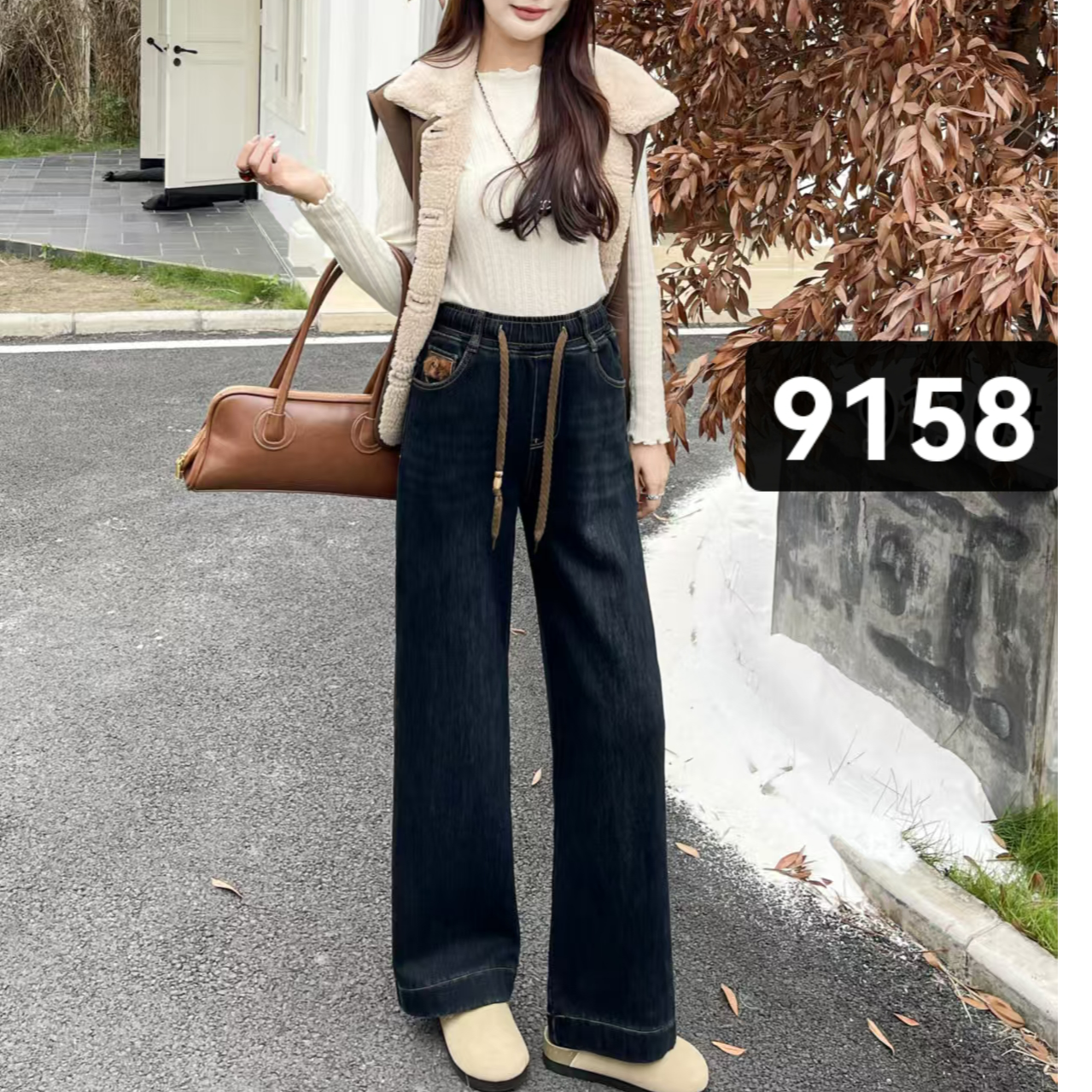 9158款高腰加绒牛仔裤 百搭显瘦直筒长裤 30779