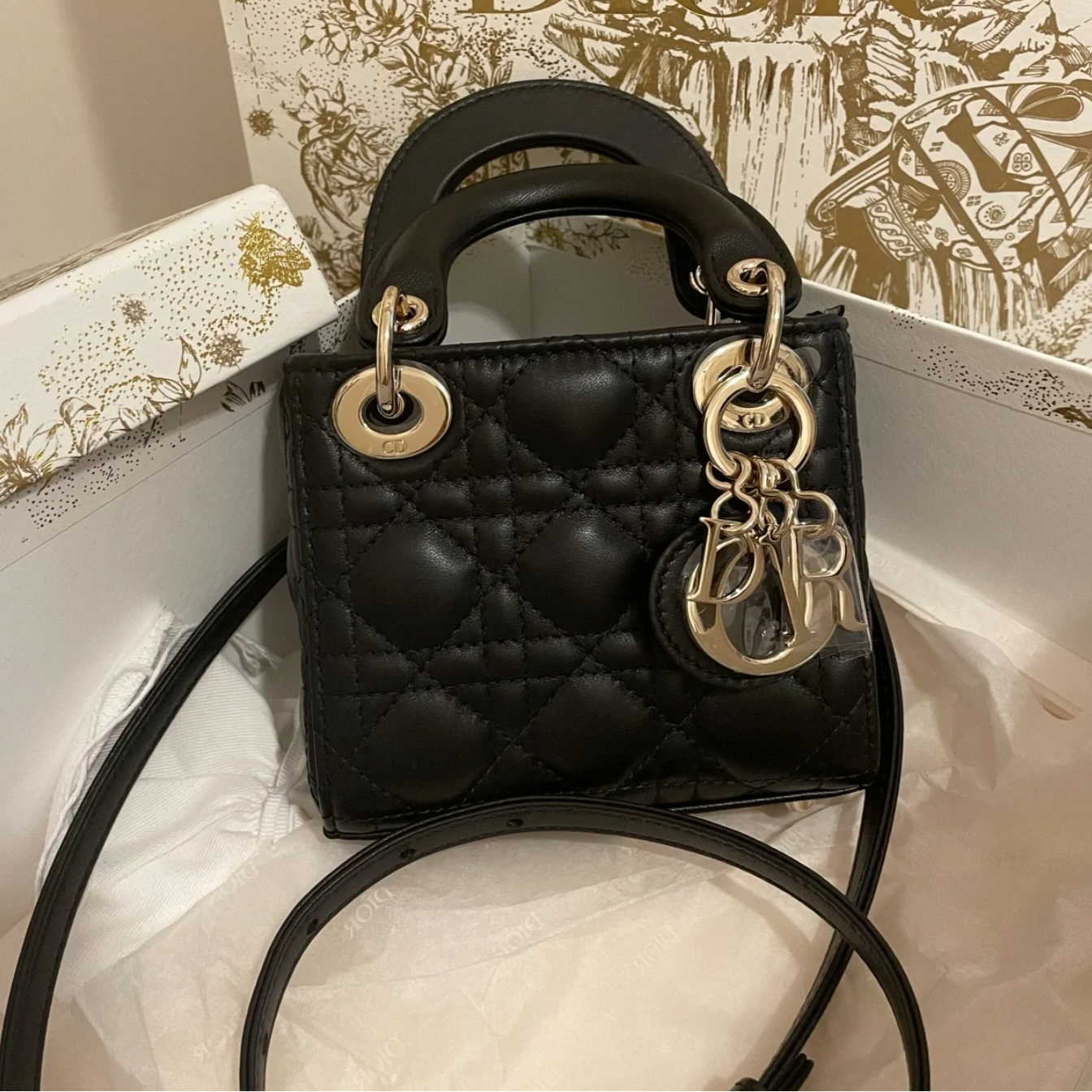 99新 DIOR/迪奥 蔚蓝 黑金超mini 三格戴妃 斜跨包