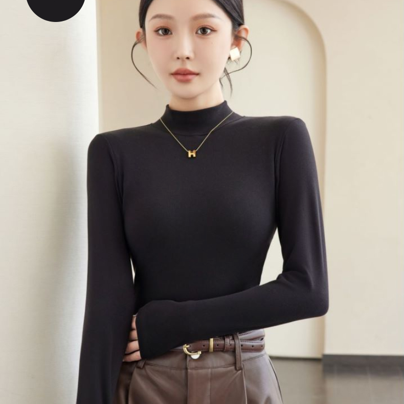8838秋冬黑色保暖打底修身百搭款一体杯带胸垫免穿文胸中领打底衫