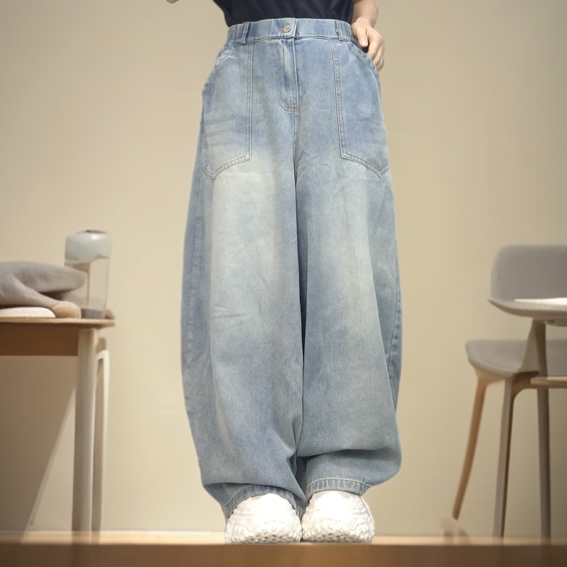 早秋欧货潮牌复古牛仔阔腿宽松牛仔裤