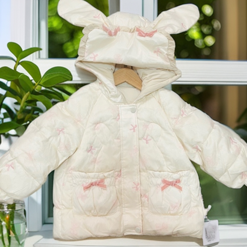 女童2025冬季新款连帽重工刺绣蝴蝶结语外套棉服
