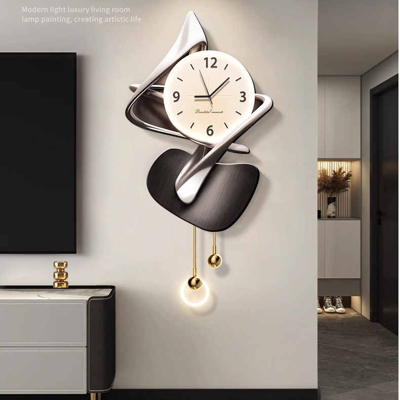 轻奢石来运转钟表挂画现代客厅电视背景墙装饰画抽象壁灯挂件时钟