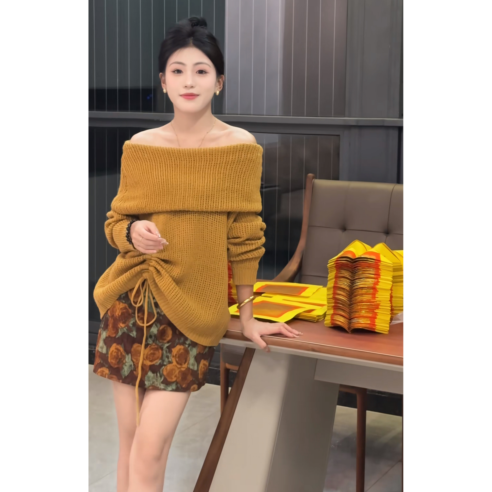 ENEN~气质法式美拉德小香风一字肩针织两件套