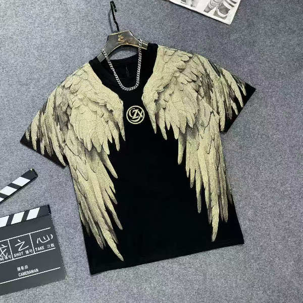 上衣时尚休闲百搭潮流轻奢气质设计师翅膀烫钻圆领半袖欧美个性
