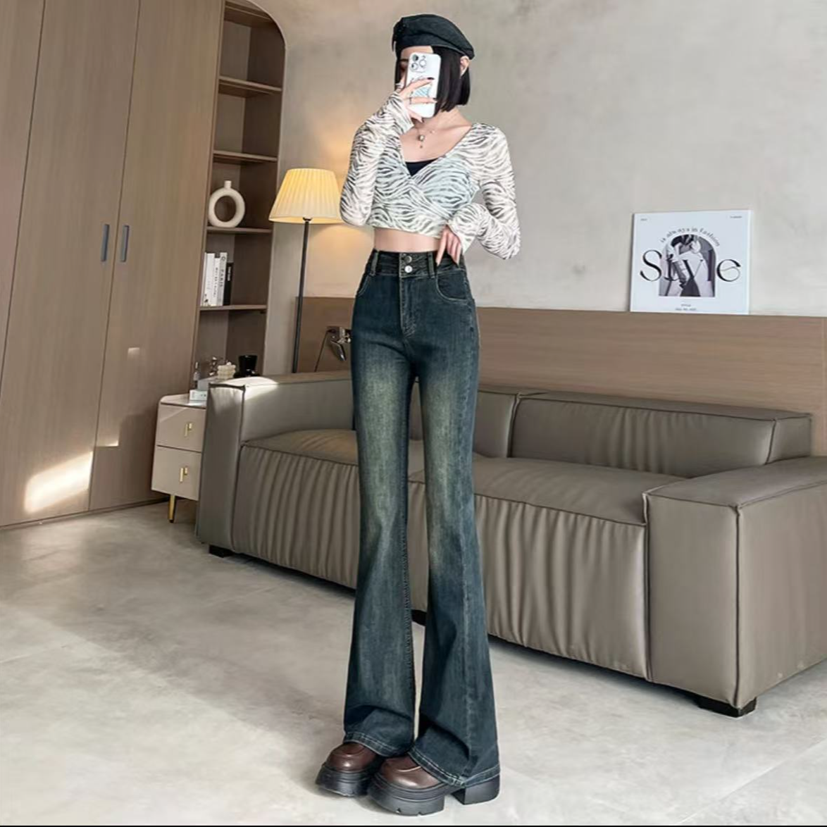 117水泥灰微喇牛仔裤女美式2025新款高腰显瘦小个子喇叭裤女