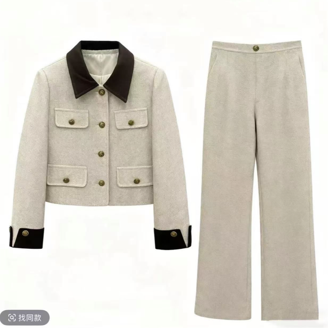 冬季新款燕麦色加绒加厚百搭高级感拼接显瘦小香风外套套装