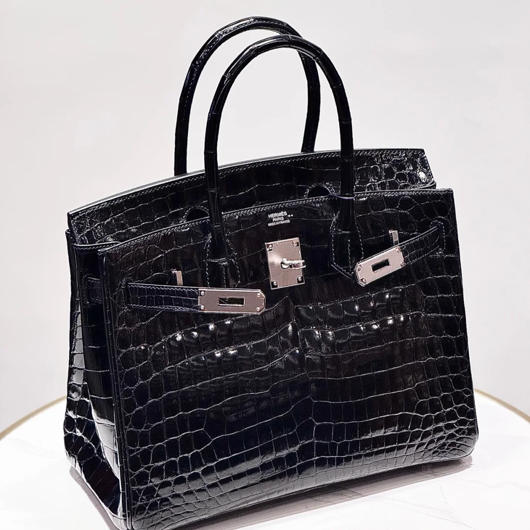 99新 Hermes/爱马仕 【欢欢活动】Birkin30黑色两点鳄鱼皮框J银扣包