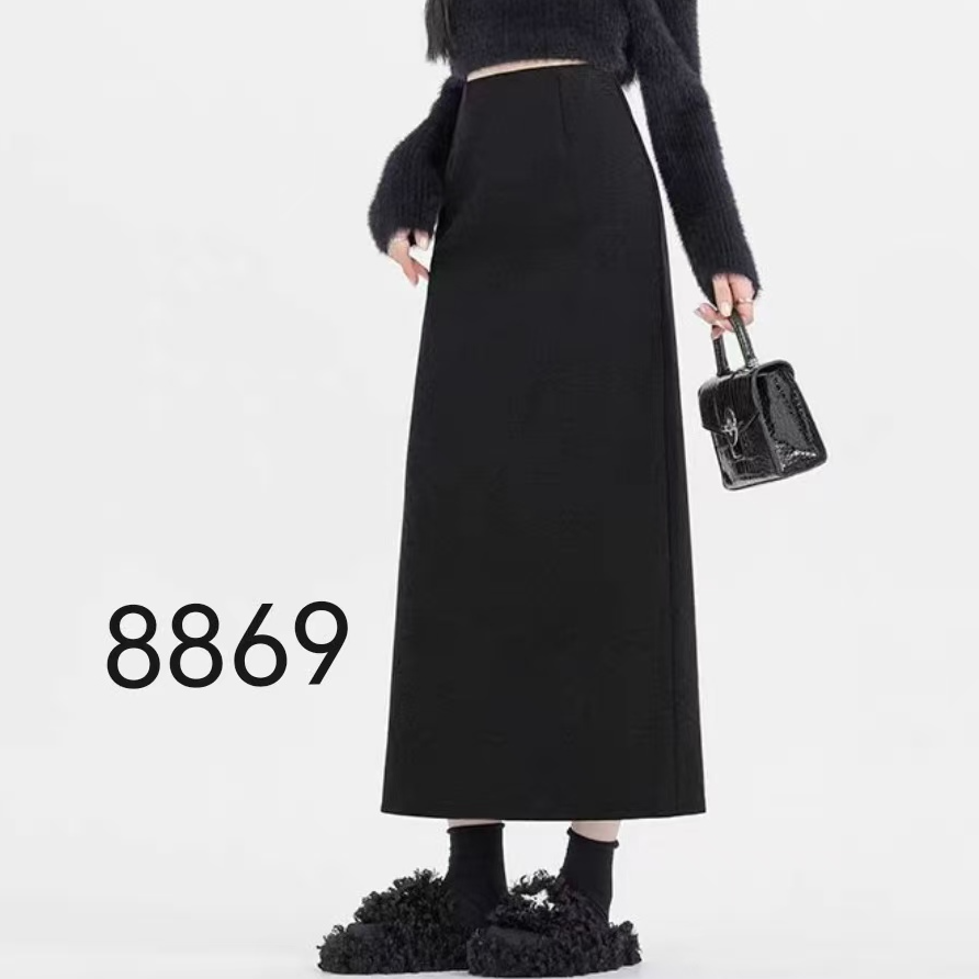 2025秋冬新款纯色半身裙时尚百搭显瘦后开叉休闲女裙子8869长75