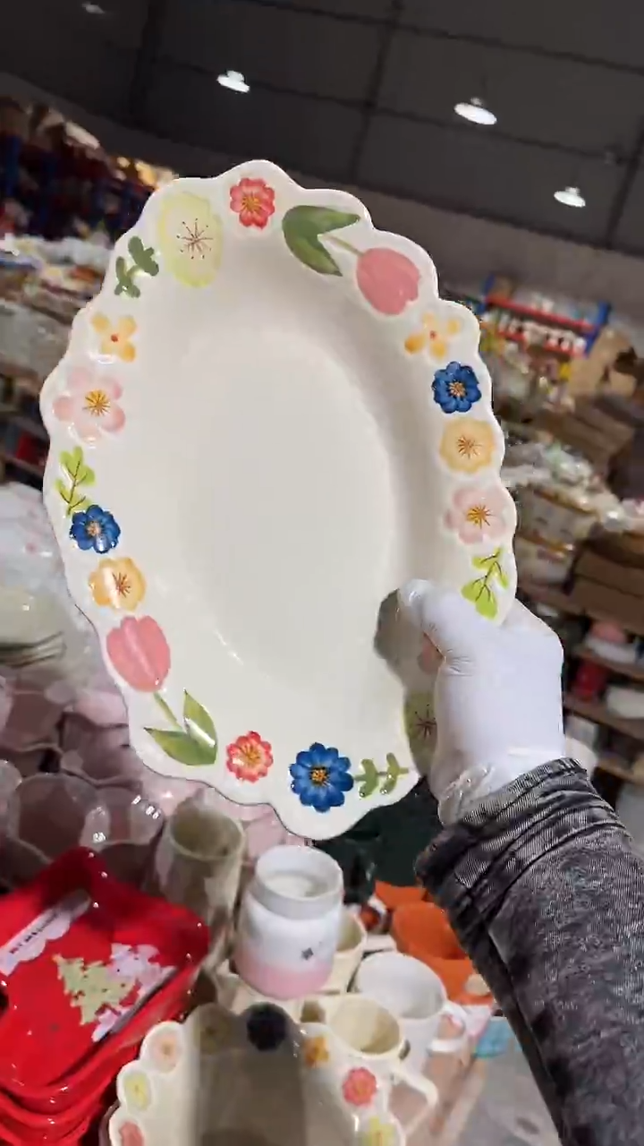 陶瓷花朵椭圆盘微瑕 凑满20元包邮