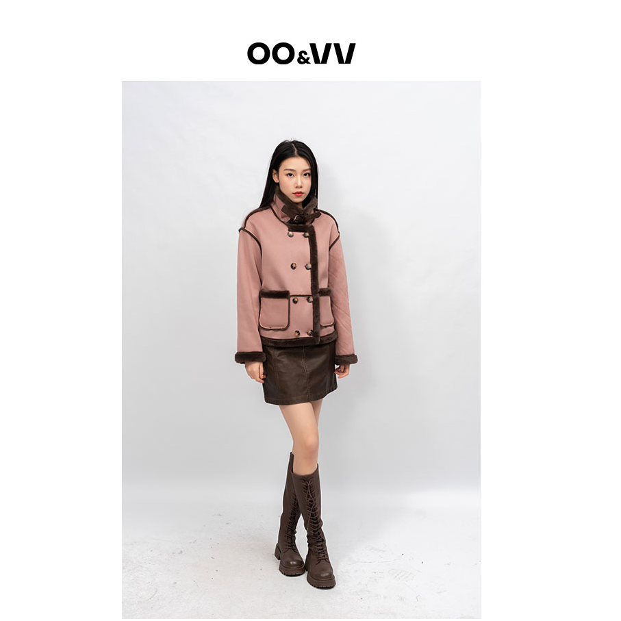 OO&VV【熟甜皮草】皮毛一体上衣2024新粗线复古毛领女短款外套冬