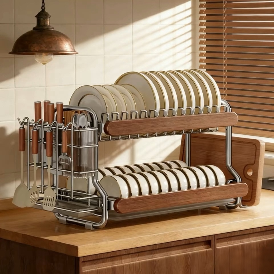 中古风不锈钢碗碟收纳架厨房置物架台面多功能放碗筷盘沥水碗架