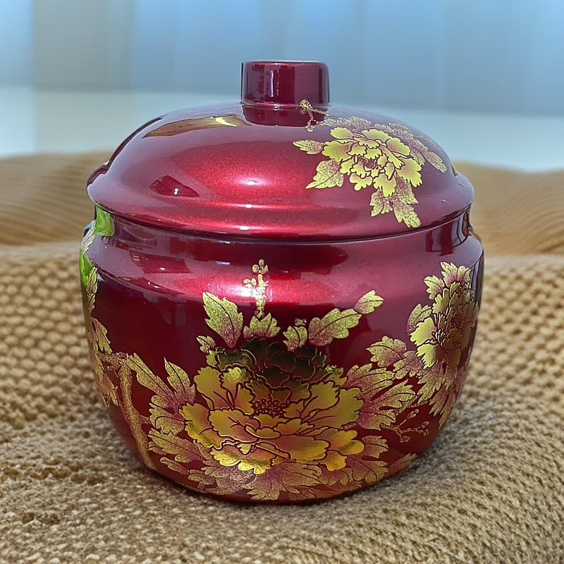 口径15高度11带盖16景德镇花开富贵金色储物罐216