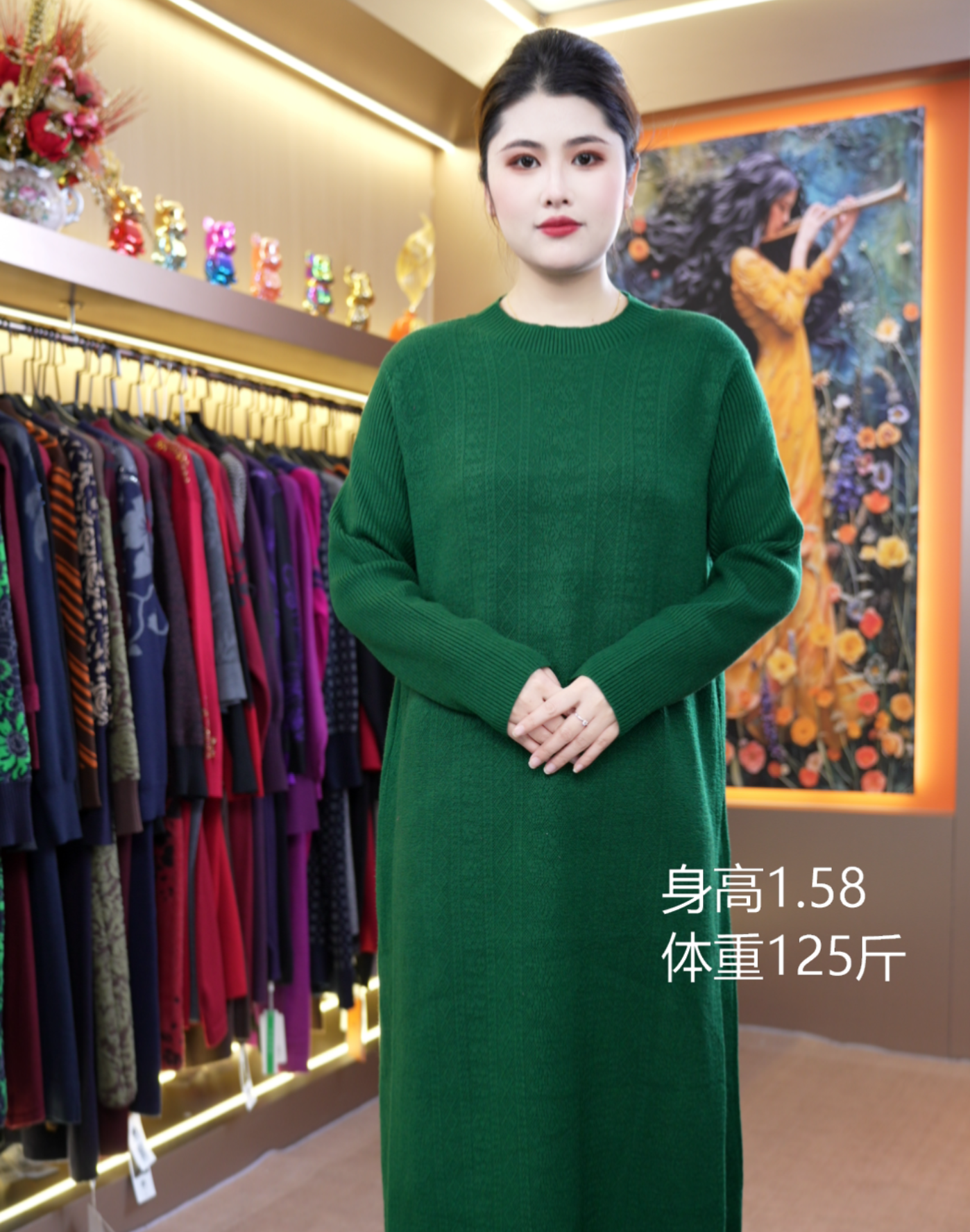 1379【田园梦】绿色时尚秋冬新款宽松大码遮肚显瘦长款连衣裙