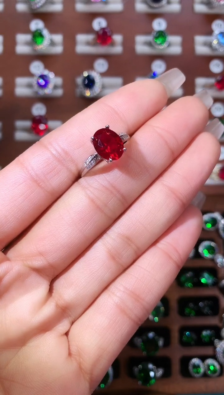 银S925镶嵌戒指红宝石810酒红白