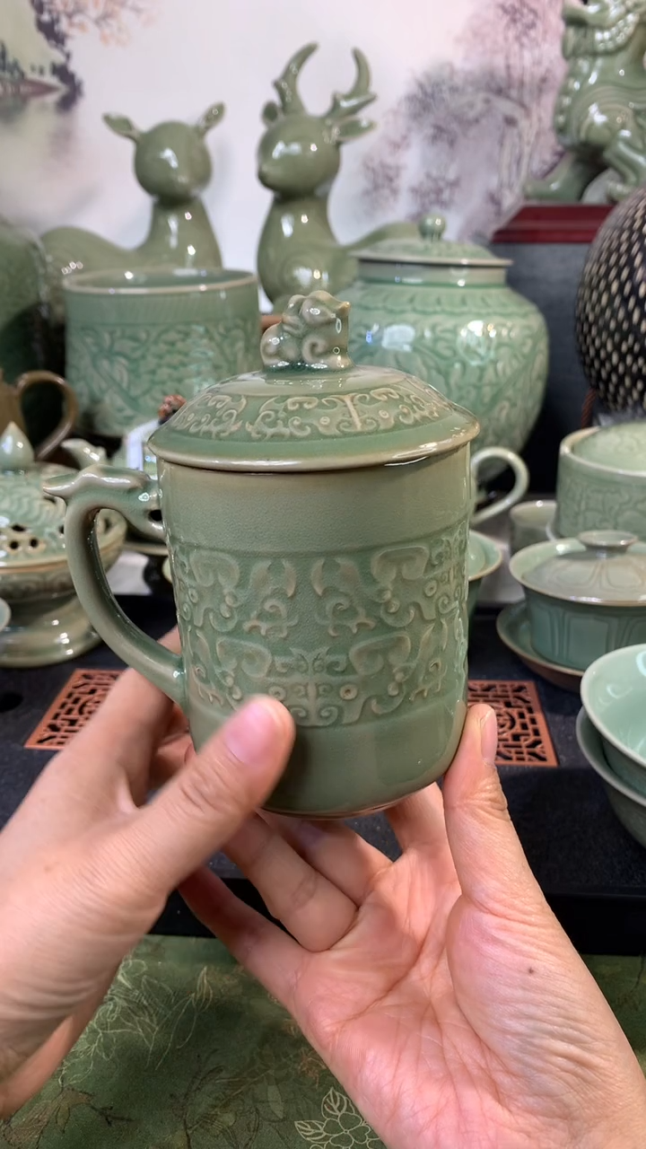 耀州窑青瓷青铜纹马克杯300CC一只