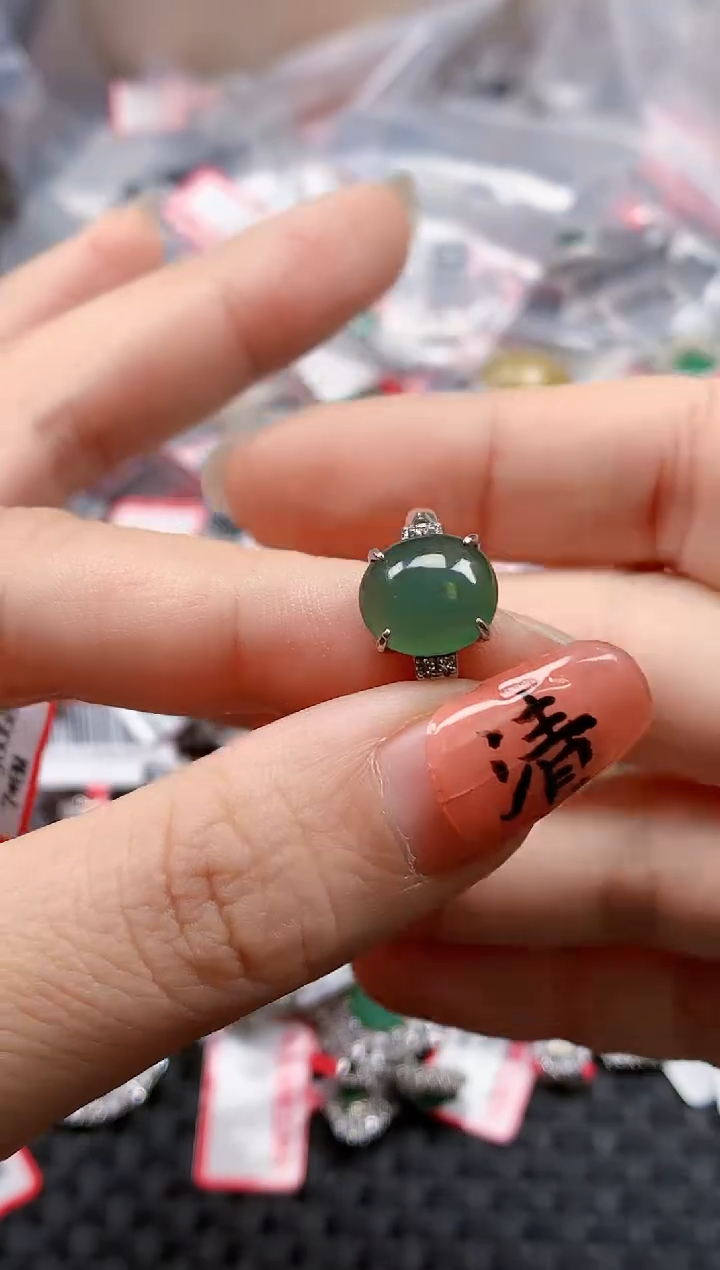 银S925镶嵌戒指翡翠天然A货缅甸翡翠