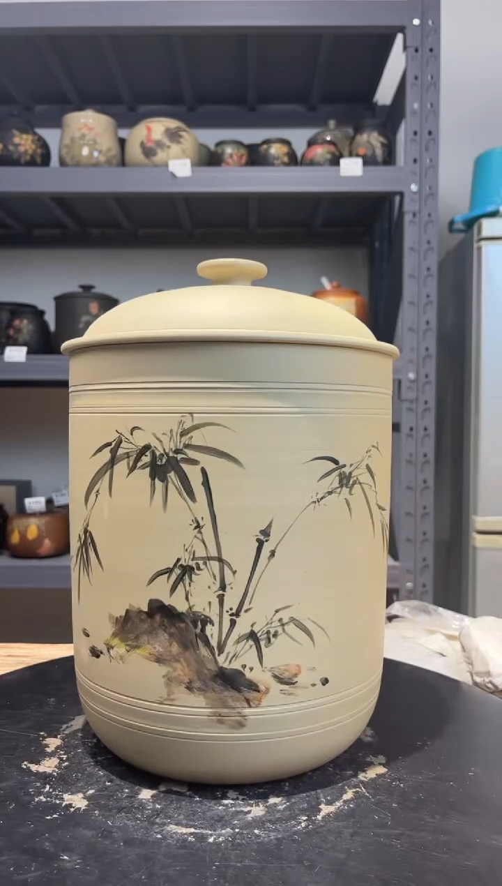 建水紫陶白泥彩绘精品茶罐A194