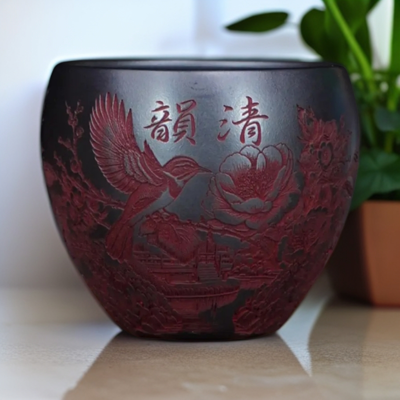 原矿石黄泥纯手工宜兴紫砂喜上眉梢鸟语花香主人杯龙蛋杯200cc