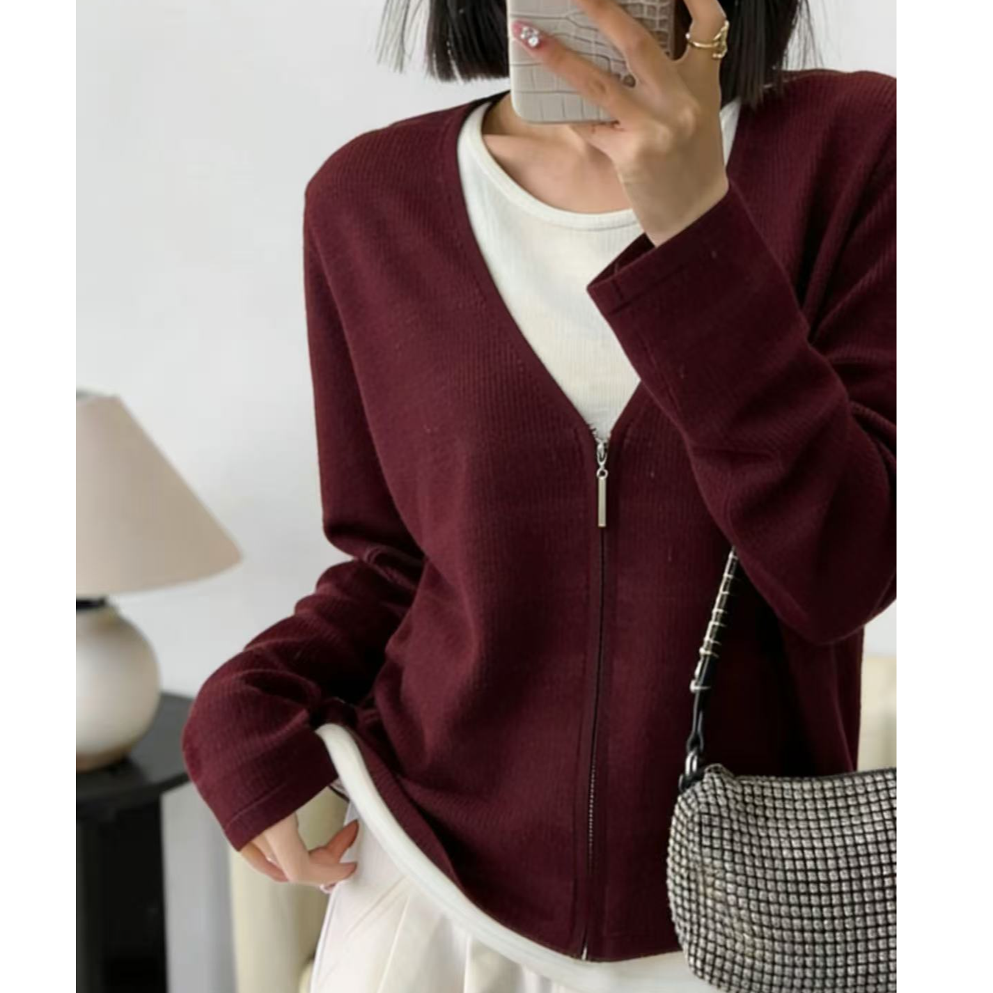 9323-纯色系假两件针织衫（纯色红）