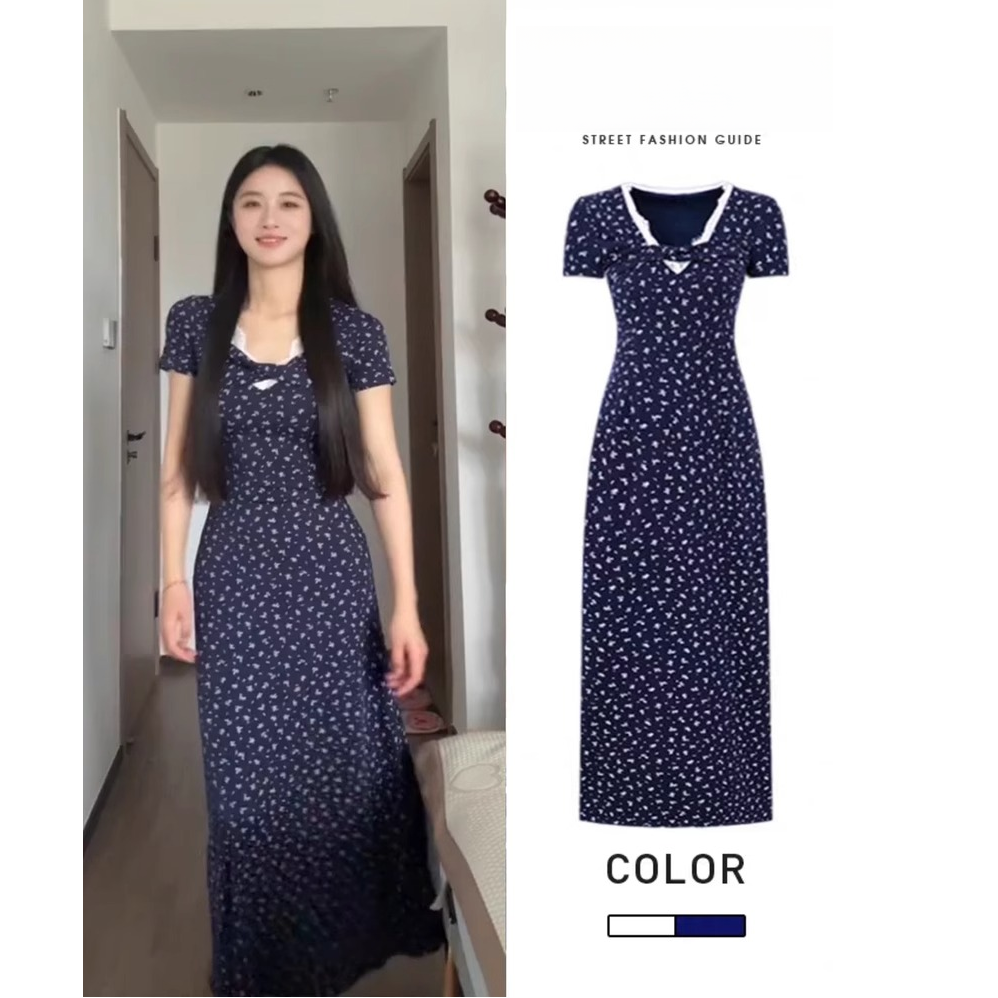 藏蓝色夏日绝美小个子巨好看碎花吊带连衣裙女2025新款掐腰长裙子