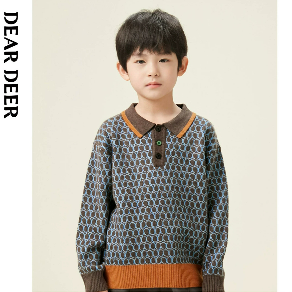 【门店同款】迪迪鹿男大童春秋季毛衣新款翻领套头polo针织衫潮
