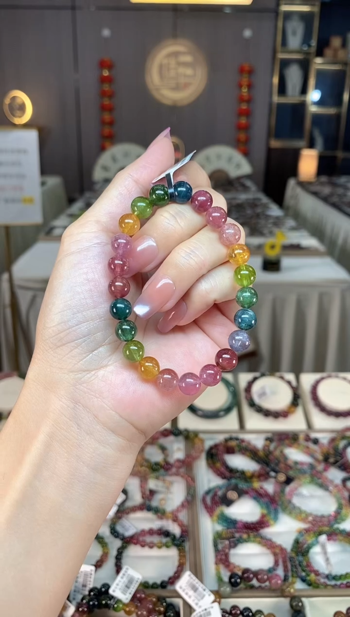 未镶嵌冰透体老矿碧玺色标彩虹单圈手串8mm+碧玺hon多样性发一条