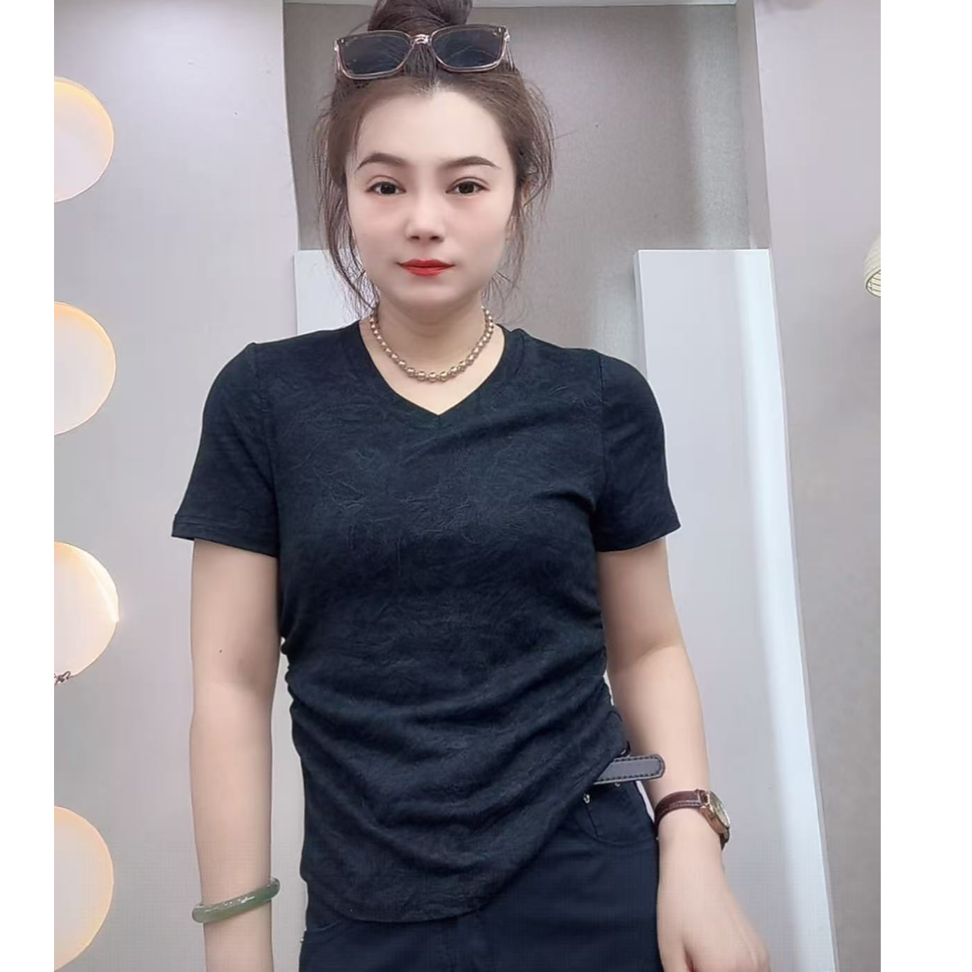 【小洁家女装】V领纹路收腰褶皱显瘦短袖8885