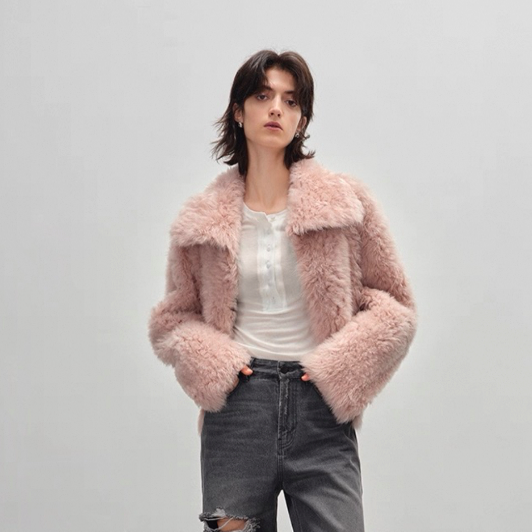 【宁小姐】“冰岛铃音"立体H型剪裁翻领进口托斯卡纳真皮毛一体