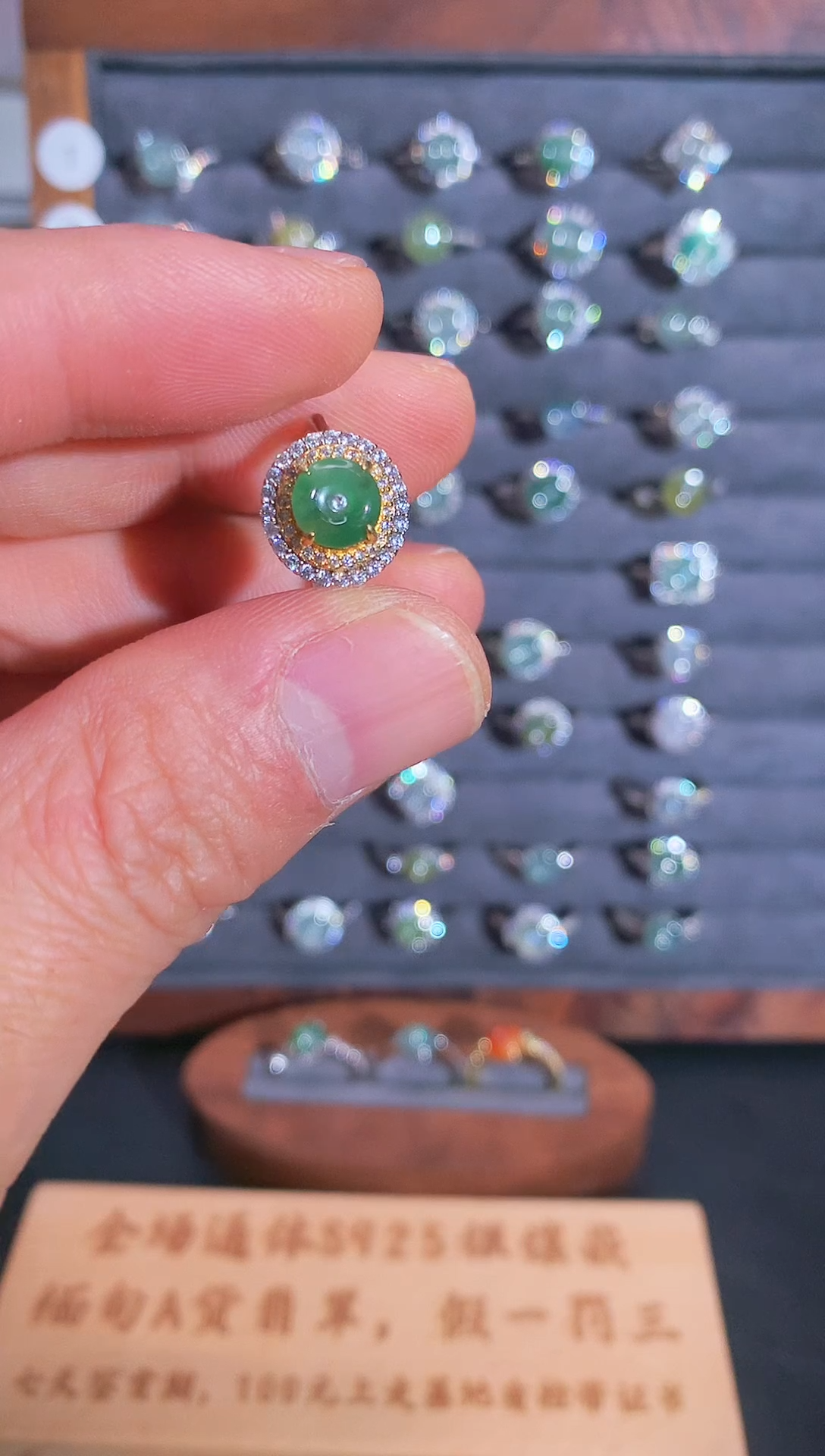 银S925镶嵌戒指翡翠S925银镶翡翠平安扣女饰品