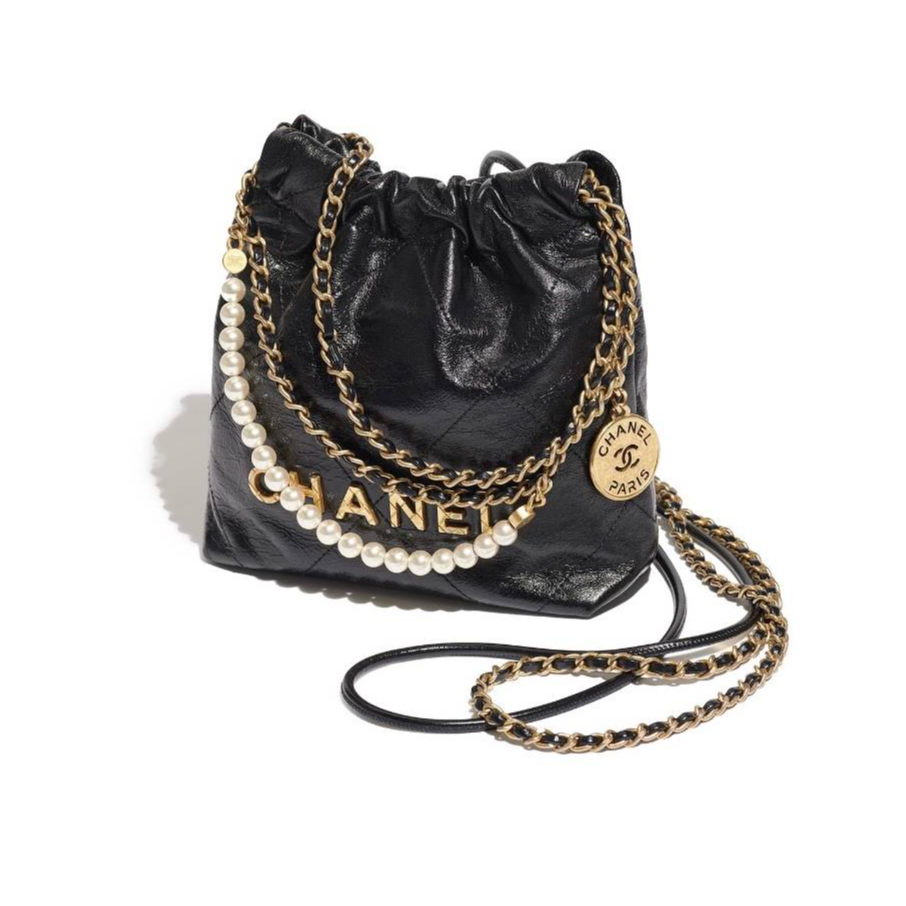 全新未使用 Chanel/香奈儿 珊珊 22BAG Mini珍珠皮穿链黑金芯片包