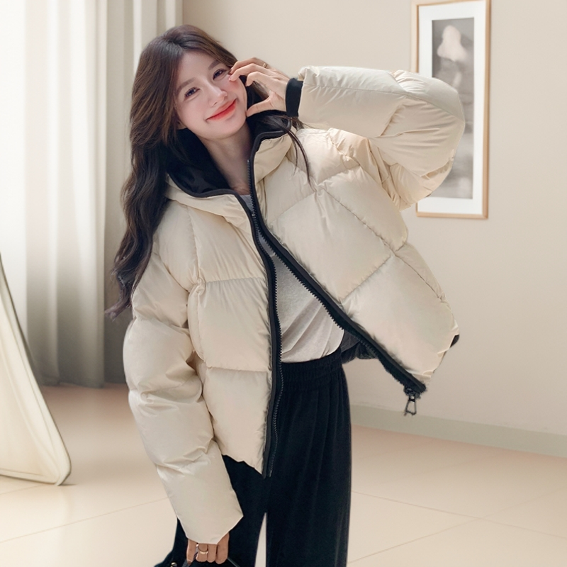 短款泡芙撞色棉服女冬季2025年新款独特超好看连帽面包服加厚Y