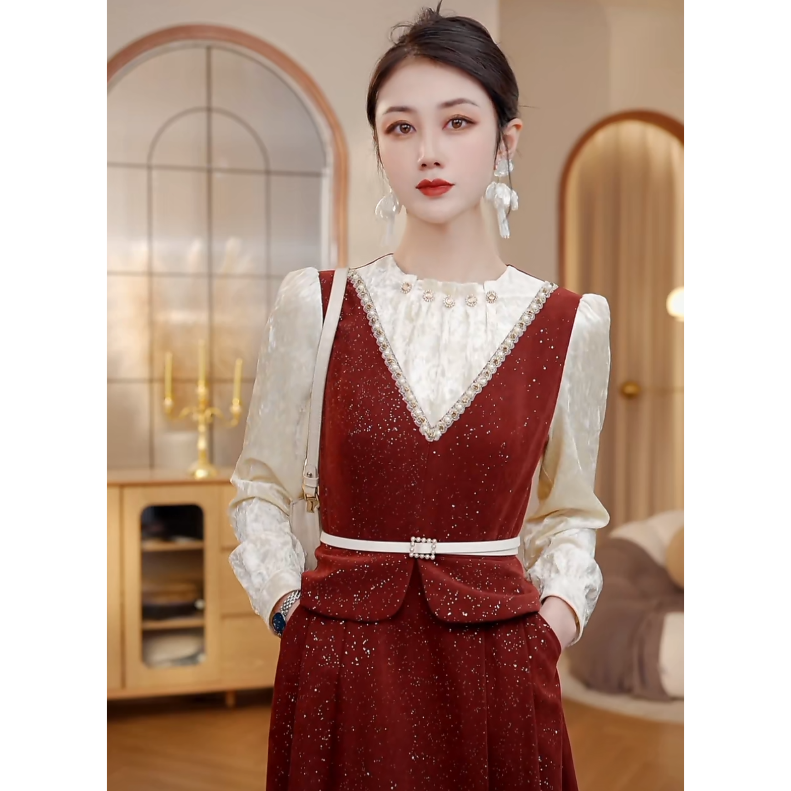 【CICI&GERTCOREL】  海岛之约 新年红色丝绒战袍连衣裙CC244L1120