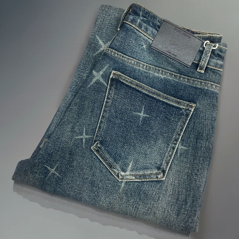 时尚潮流激光烧花秋冬宽松男士直筒牛仔裤休闲阔腿男裤子厚款