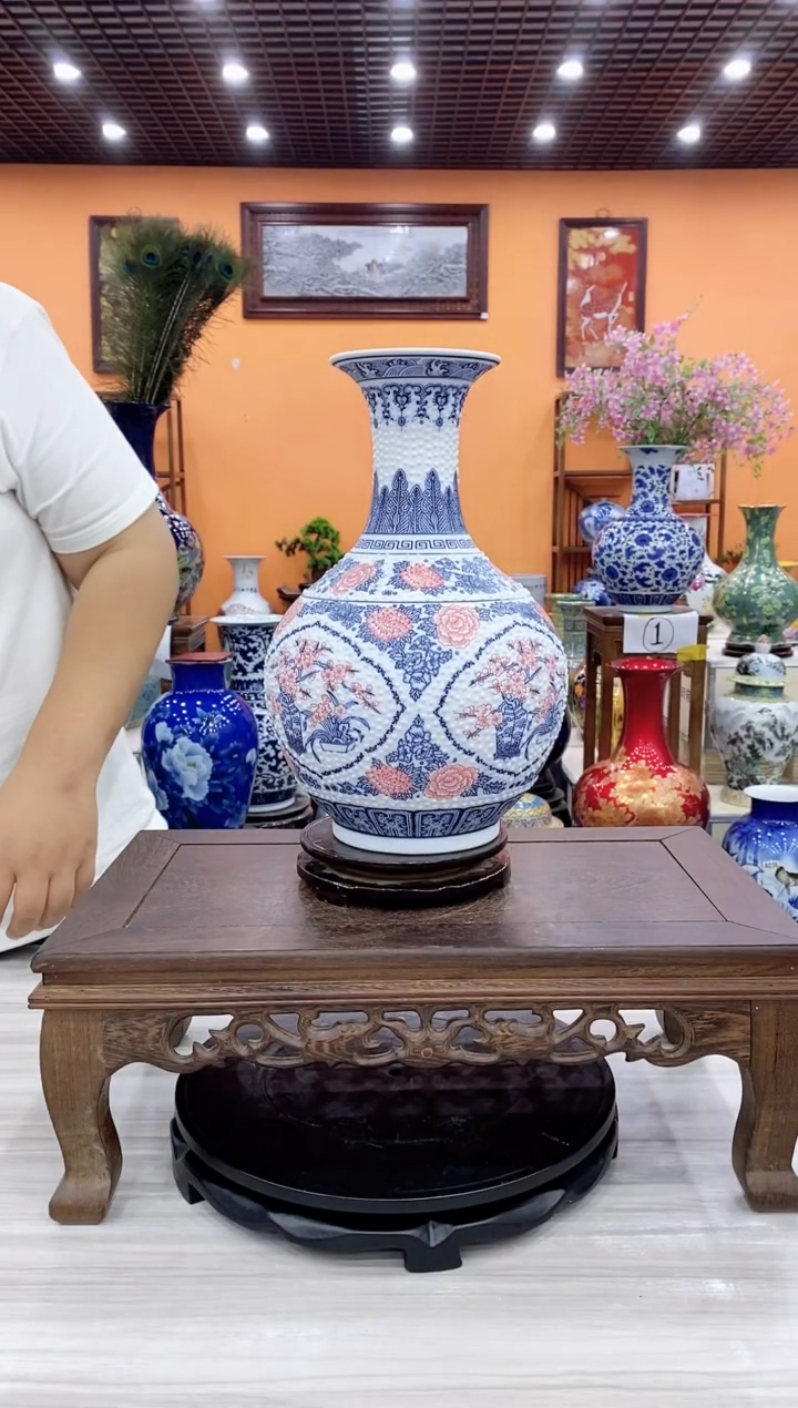 摆件青花釉里红高37CM赏瓶+旋转底座