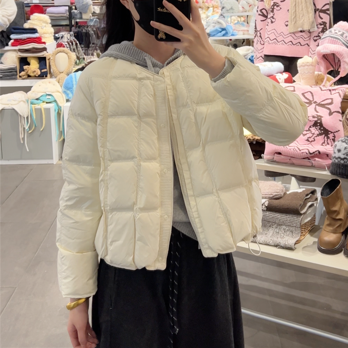 方块圆领白鸭绒羽绒服女冬季新款韩系小个子短款加厚保暖减龄外套