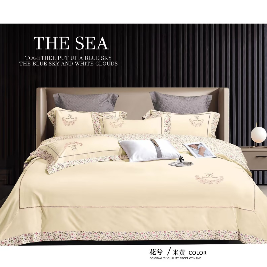 【D粉丝专享】尾单/全棉长绒棉拼角四件套-花兮/米黄