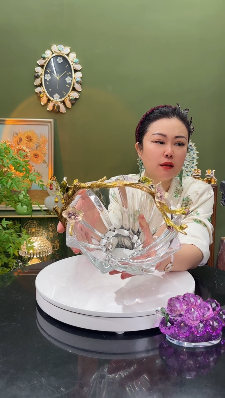 人造水晶珐琅彩提手水晶果盘