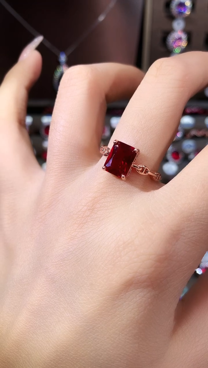 银S925镶嵌戒指红宝石79酒红玫瑰金