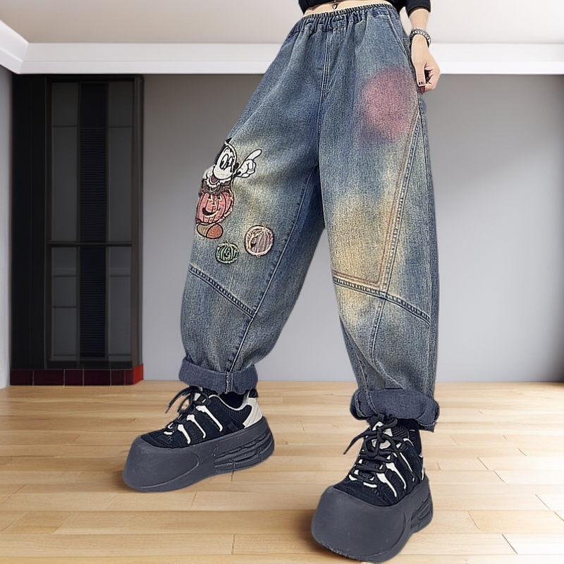 老爹裤薄款牛仔裤女贴布卡通米老鼠刺绣春季复古磨白做旧哈伦裤