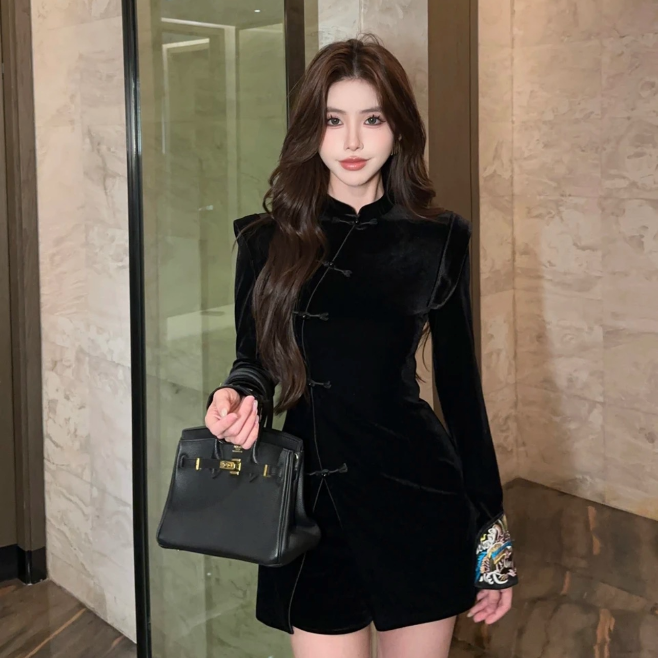 连衣裙慵懒风休闲风长款法式长袖时尚套装新中式黑色秋冬中国风