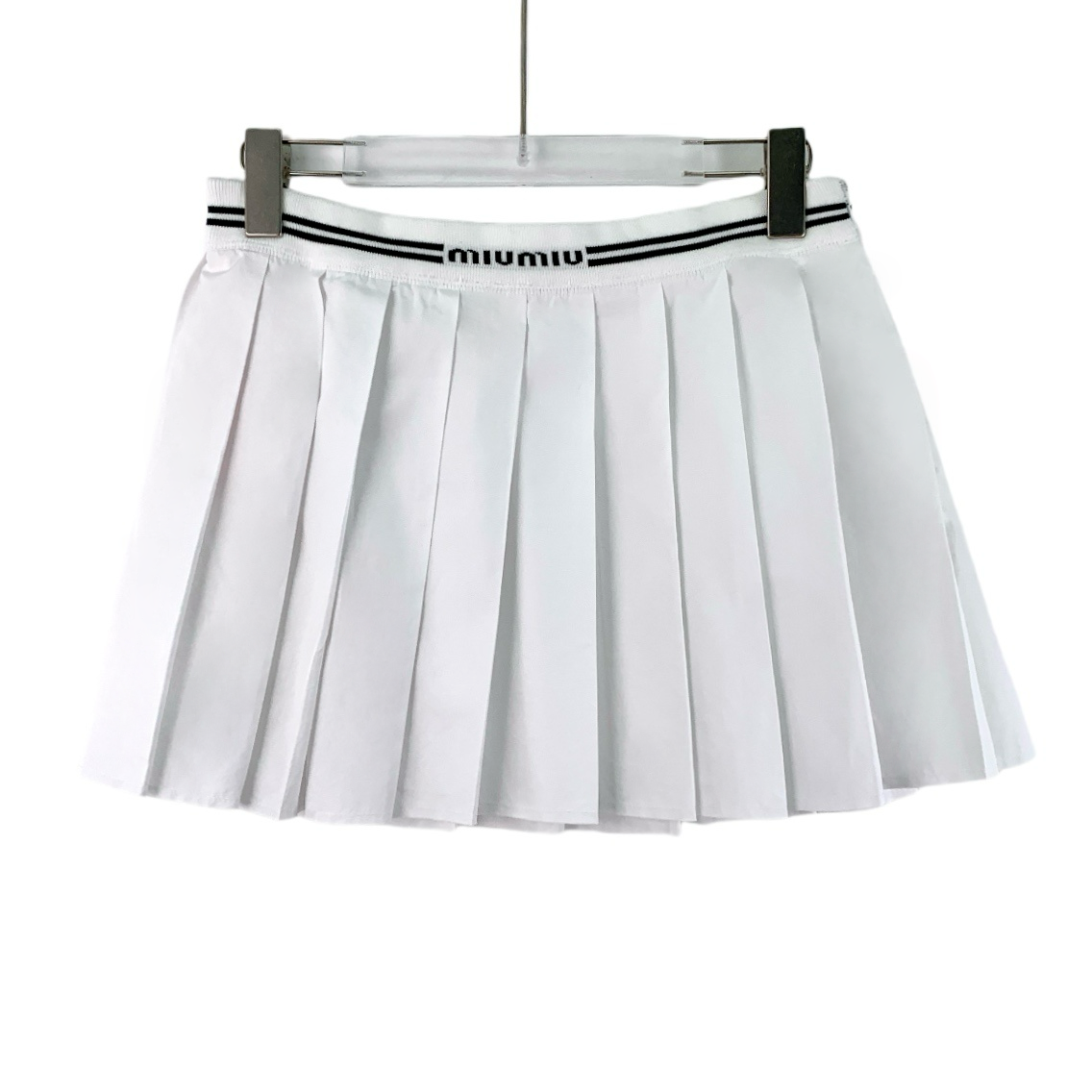 95新 MIU MIU/缪缪 CW0814 白色条纹logo字母百褶半身裙短裙