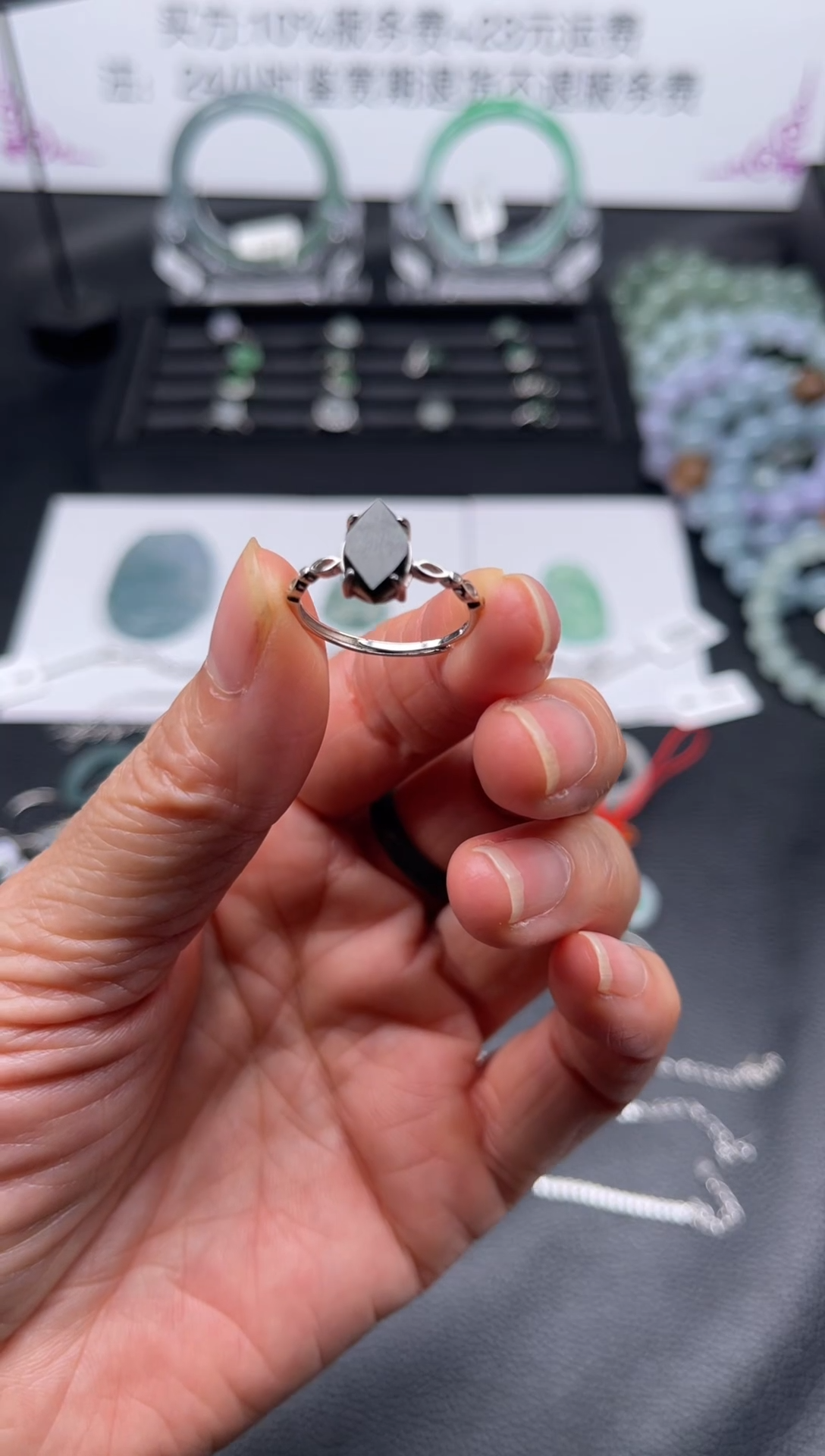 【闪购商品】翡翠戒指银S925镶嵌墨翠菱形戒指