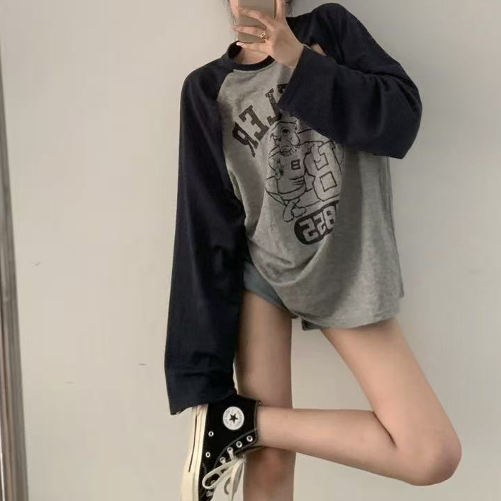 宽松百搭设计感字母印花镂空长袖T恤女拼色插肩袖慵懒风上衣