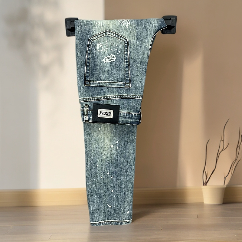 夏季薄款印花牛仔裤男士轻奢欧货蓝色个性时尚修身裤子韩版长裤