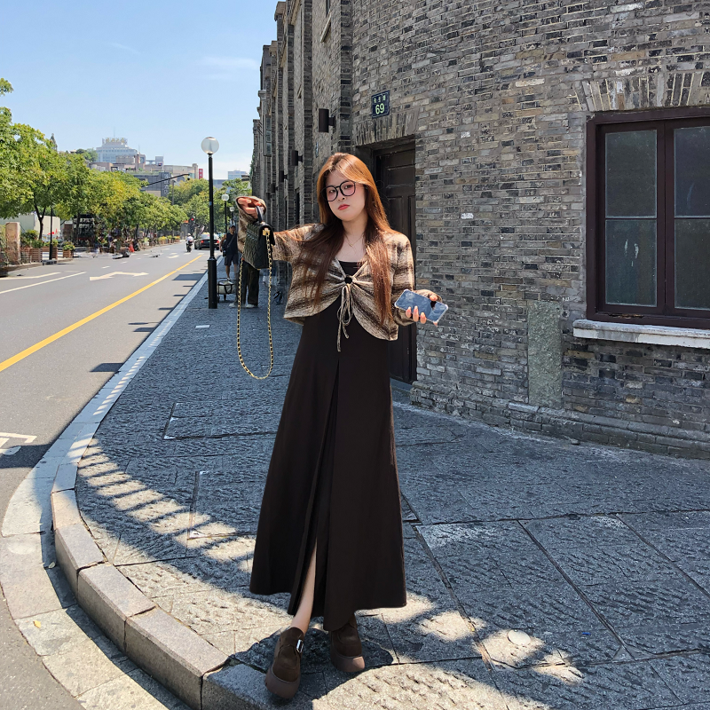 盈盈&南岛风大码女装胖mm条纹罩衫吊带连衣裙秋季显瘦套装ZYY2111