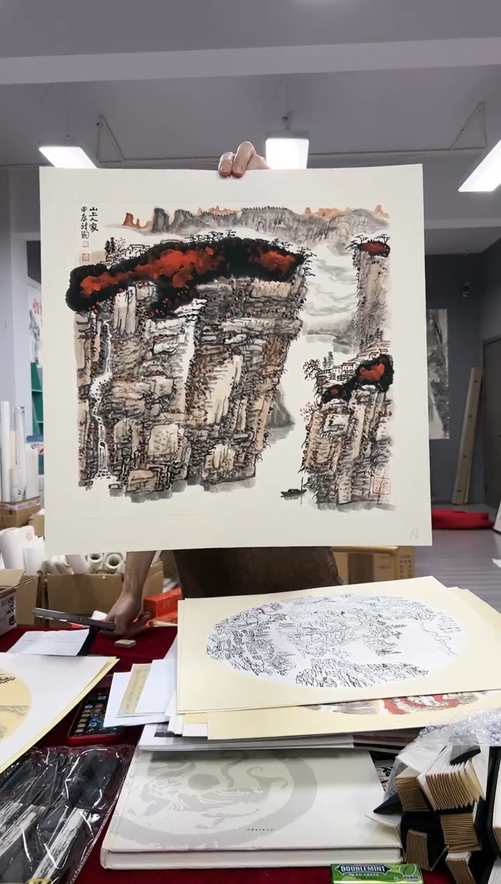 国画沁**庄88号叶金福山水带框