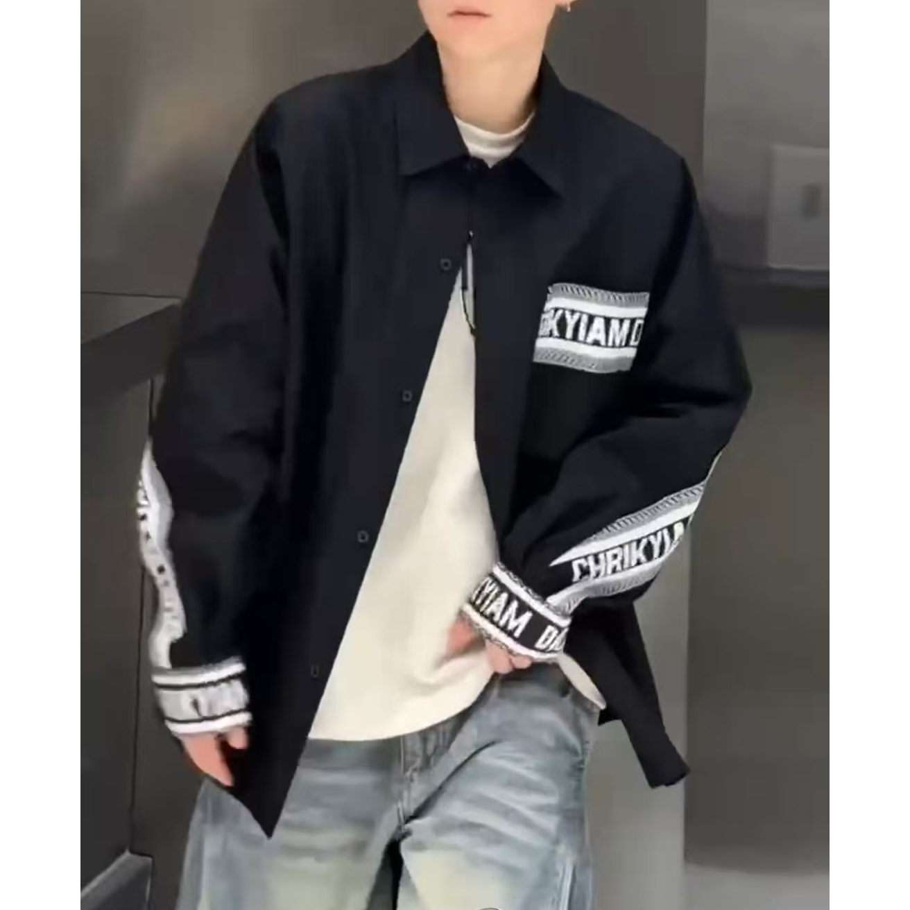 腿姐-D-610-春夏新款时尚百搭织带拼接翻领男女同款衬衣*YM